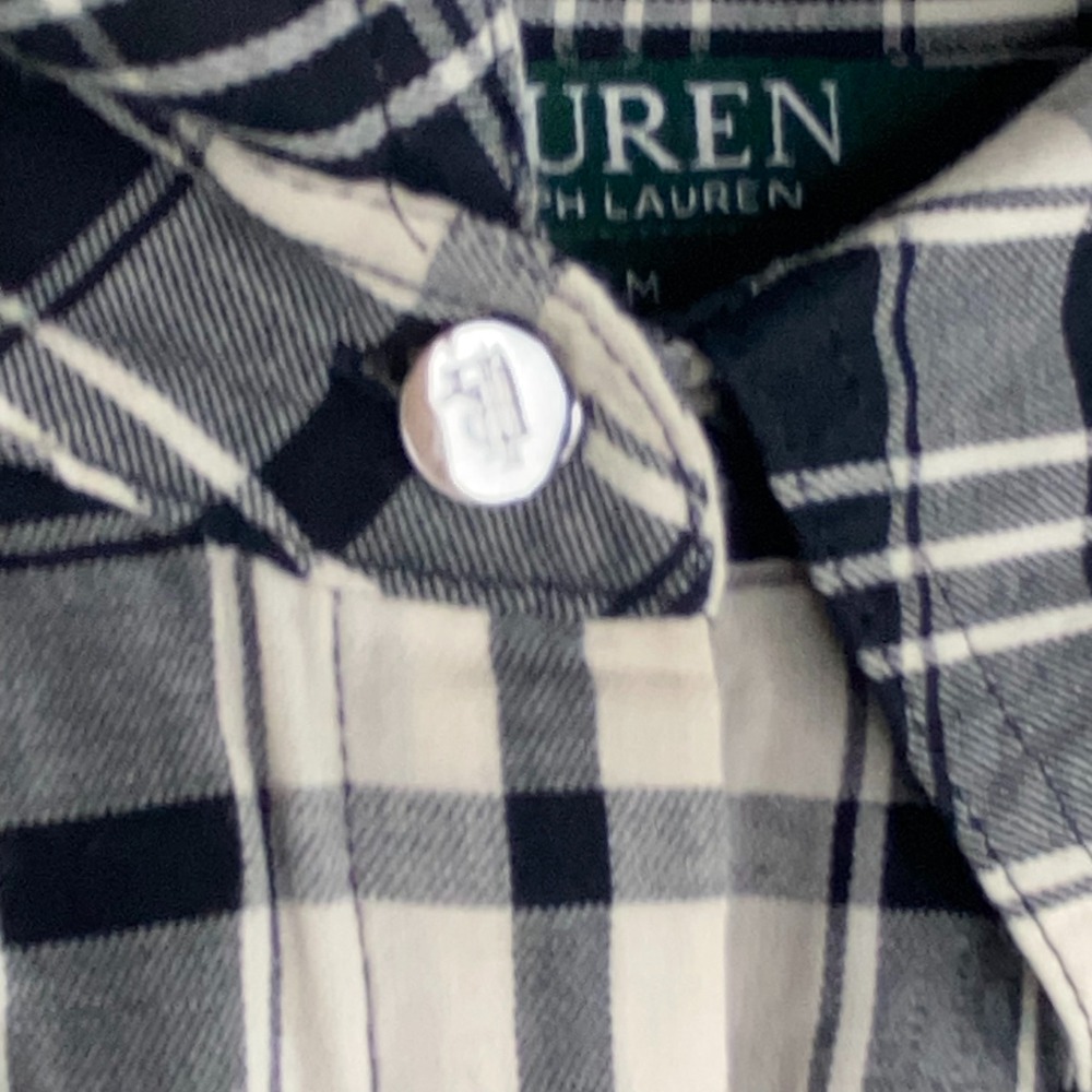 Lauren Ralph Lauren Plaid Blouse Womens SZ M‎ Bell Sleeve Black White Preppy - Picture 8 of 15